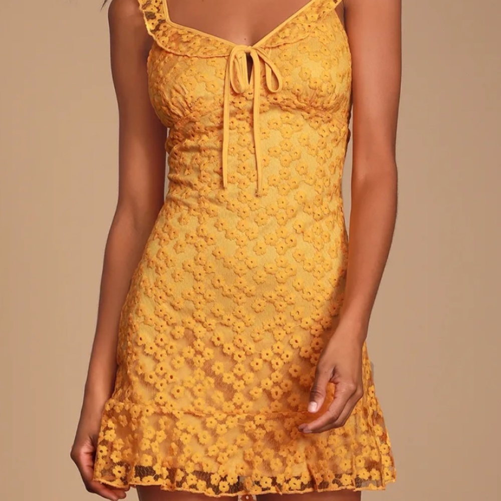 Lulu's Mustard Yellow Embroidered Mini Dress - Med